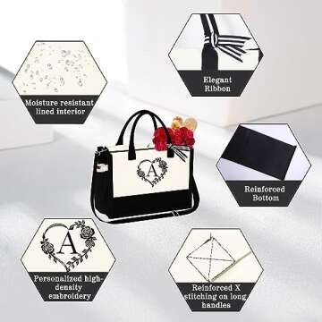 YOOLIFE Personalized Birthday Gifts for Women - Monogram Travel Canvas Initial Beach Tote Bag with Zipper Women Her