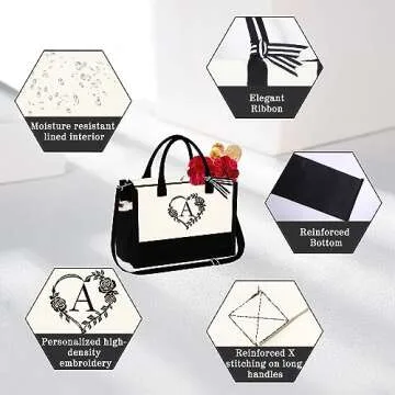 YOOLIFE Personalized Birthday Gifts for Women - Monogram Travel Canvas Initial Beach Tote Bag with Zipper Women Her