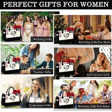 YOOLIFE Personalized Birthday Gifts for Women - Monogram Travel Canvas Initial Beach Tote Bag with Zipper Women Her