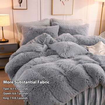 LIFEREVO Luxury Plush Shaggy Duvet Cover Set, Soft Velvet Fluffy Furry Duvet Cover Set(1 Faux Fur Fuzzy Comforter Cover + 2 Pom Poms Pillowcases) Solid Bedding Set, Zipper Closure(Full/Queen, Gray)