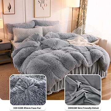 LIFEREVO Luxury Plush Shaggy Duvet Cover Set, Soft Velvet Fluffy Furry Duvet Cover Set(1 Faux Fur Fuzzy Comforter Cover + 2 Pom Poms Pillowcases) Solid Bedding Set, Zipper Closure(Full/Queen, Gray)