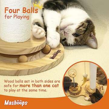 MASHOOPS Cats Scratching Post Cat Scratcher with Treat Dispenser Toy, 4-in-1 Scratching Posts for Indoor Cats with Wooden Ball Track, Interactive Cat Toys