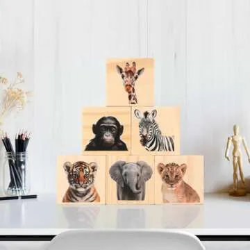 Fjoron 6 PCS Animal Nursery Decor for Girls and Boys Wooden Watercolor Shelf Decor Bedroom Playroom Gifts Woodland Table Decor (Safari Animal)