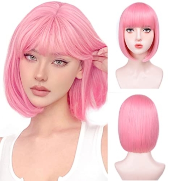 Short Bob Wigs With Bangs - Straight bob wig for women Pink 12inch Synthetic wig Heat Resistant Fibe...