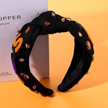 Halloween Headband Accessories for Women Crystal Pearl Knotted Headband Embellished Beaded Pumpkin Candy Corn Boo Headbands Rhinestone Jeweled Wide Top Knot Headband Costume Party Favors (HOCUS POCUS)