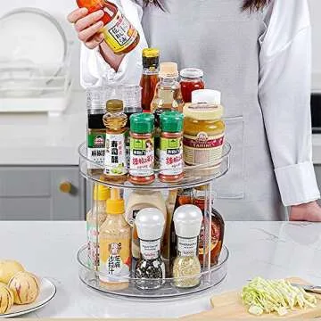 Lazy Susan Turnable Cabinet Organizer, Multifunctional 2 Tier 360 Rotating Clear Cabinet Organizer Large Spinning Spice Containers Cosmetic Can Organizers for Kitchen Pantry Bathroom