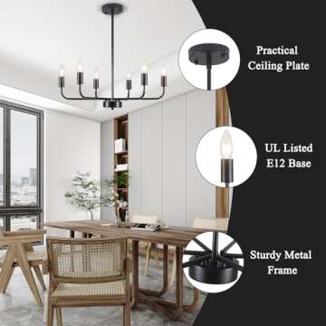 KOOFREDDO Black Chandelier, 6-Light Farmhouse Chandelier for Dining Room Lighting Fixtures, Height A...