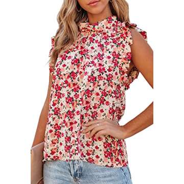 Allimy Women Summer Casual 2024 Sleeveless Chiffon Blouses Floral Loose Fit Tank Tops Red Medium