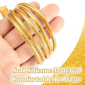 Alphatool Glitter Jelly Bangles Bracelets for Women - Soft Silicone Glitter Filled Bracelet, Bowknot Sparkling Fashion Bangles for Ladies, Girls Lightweight Cute (5 Pack, Gold)