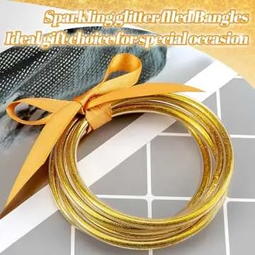 Alphatool Glitter Jelly Bangles Bracelets for Women - Soft Silicone Glitter Filled Bracelet, Bowknot Sparkling Fashion Bangles for Ladies, Girls Lightweight Cute (5 Pack, Gold)