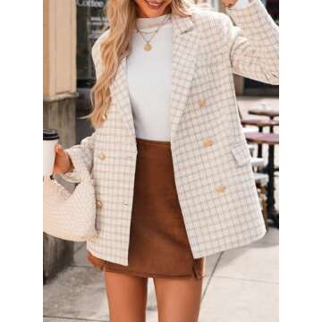 Happy Sailed Blazers for Women Business Casual Fashion Lapel Collar Double Breasted Open Front Tweed Plaid Blazer Jackets Business Casual Professional Attire Work Suits 2025 Beige L