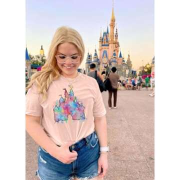 LUKYCILD Magic Castle Shirt Cute Graphic Short Sleeve T-Shirt Casual Holiday Vacation Tops Pink