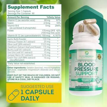 PurePremium Blood Pressure Supplements with Hawthorn Berry, Hibiscus - Nitric Oxide for Normal Blood Pressure Support w/Vitamin B12 - Garlic Supplements for Normal Nitric Oxide - 90 Caps