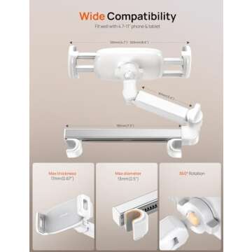 Aomiker iPad Holder Car Headrest - [Stretchable Arm] 2025 Adjustable Tablet Mount for Car Backseat, Travel Road Trip Essentials for Kids, for iPad Pro, Air, Mini, Samsung Tab, 4.7-11” Device - White