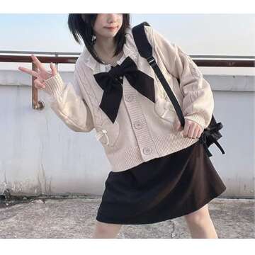 Japan Harajuku Kawaii Pink Knitted Cardigan Women's V-Neck Sweater Cute Bow Heart Korean JK School U...