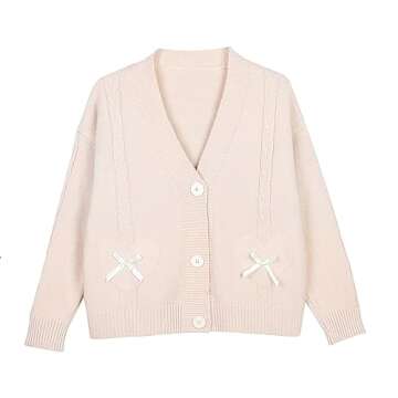 Japan Harajuku Kawaii Pink Knitted Cardigan Women's V-Neck Sweater Cute Bow Heart Korean JK School Uniform Jacket
