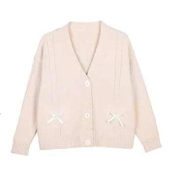 Japan Harajuku Kawaii Pink Knitted Cardigan Women's V-Neck Sweater Cute Bow Heart Korean JK School Uniform Jacket
