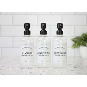 Clear Refillable Shampoo and Conditioner Bottles - Body Wash, Shampoo and Conditioner Dispenser - PET Plastic Shampoo Bottles Refillable with Pump - Waterproof Labels - 16 oz, 3 Pack (Black Satin)