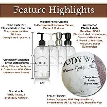 Clear Refillable Shampoo and Conditioner Bottles - Body Wash, Shampoo and Conditioner Dispenser - PET Plastic Shampoo Bottles Refillable with Pump - Waterproof Labels - 16 oz, 3 Pack (Black Satin)