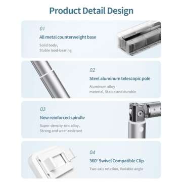 yAyusi Upgrade Phone Stand for Recording,Portable 360° Rotation Overhead Phone Mount with Light,for 3.5-6.7" Phone, Adjustable,Overhead Phone Mount,Wireless Remote,Rechargeable, Live Stream-V10