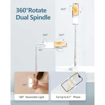 yAyusi Upgrade Phone Stand for Recording,Portable 360° Rotation Overhead Phone Mount with Light,for 3.5-6.7" Phone, Adjustable,Overhead Phone Mount,Wireless Remote,Rechargeable, Live Stream-V10