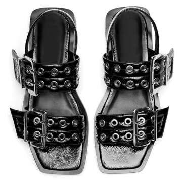 Phefarer Women Sandals Slingback Squared Head Ankle Strap Wide Buckle Casual Goth Ballet Flats Low Chunky Heel Heels