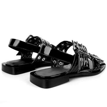 Phefarer Women Sandals Slingback Squared Head Ankle Strap Wide Buckle Casual Goth Ballet Flats Low Chunky Heel Heels