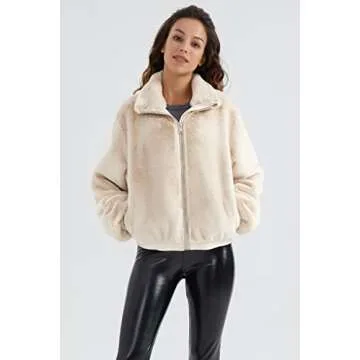 Orolay Women's Faux Fur Winter Jacket Zip Up Sherpa Coat Fuzzy Fleece Cropped Jacket White XL