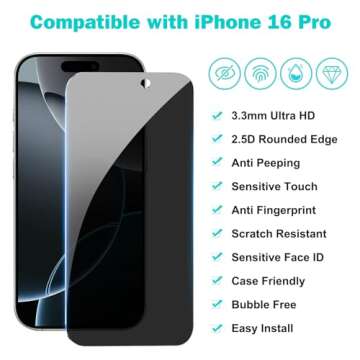 Pehael [3+3Pack] Privacy Screen Protector for iPhone 16 Pro with Camera Lens Protector Full Coverage...