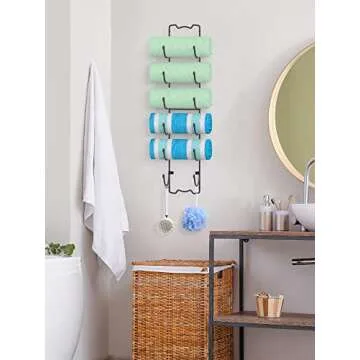 Elbourn Towel Rack Wall Mounted Metal Wine Rack Washcloths Bathrobe Storage Shelf Organizer Hand Towels Holder for Bathroom Cloakroom - Black