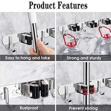 3 Racks and 4 Hooks Broom and Mop Holder Wall Mounted Garage Organizer Storage Tool Racks Stainless ...