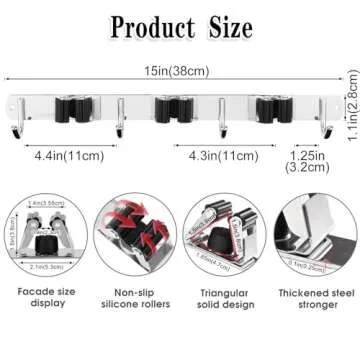 3 Racks and 4 Hooks Broom and Mop Holder Wall Mounted Garage Organizer Storage Tool Racks Stainless Steel Heavy Duty Hooks Self Adhesive Solid Non-slip Wall Hangers for Home Kitchen Garden Laundry