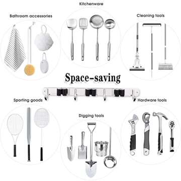 3 Racks and 4 Hooks Broom and Mop Holder Wall Mounted Garage Organizer Storage Tool Racks Stainless Steel Heavy Duty Hooks Self Adhesive Solid Non-slip Wall Hangers for Home Kitchen Garden Laundry