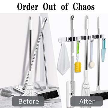 3 Racks and 4 Hooks Broom and Mop Holder Wall Mounted Garage Organizer Storage Tool Racks Stainless Steel Heavy Duty Hooks Self Adhesive Solid Non-slip Wall Hangers for Home Kitchen Garden Laundry