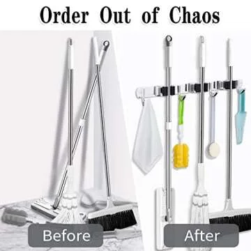 3 Racks and 4 Hooks Broom and Mop Holder Wall Mounted Garage Organizer Storage Tool Racks Stainless Steel Heavy Duty Hooks Self Adhesive Solid Non-slip Wall Hangers for Home Kitchen Garden Laundry