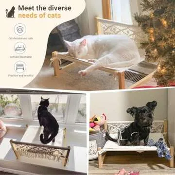 Mkono Boho Cat Bed Hammock with Blanket, Macrame Elevated Pet Bed for Indoor, Floor Standing Breathable Cat Chair 21 X 16.7 Inch Pet Resting Hammock Cat Furniture Gift for Cats and Small Dogs