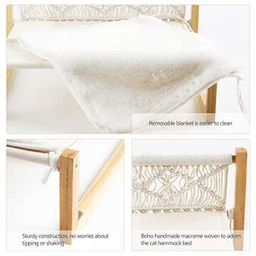 Mkono Boho Cat Bed Hammock with Blanket, Macrame Elevated Pet Bed for Indoor, Floor Standing Breathable Cat Chair 21 X 16.7 Inch Pet Resting Hammock Cat Furniture Gift for Cats and Small Dogs