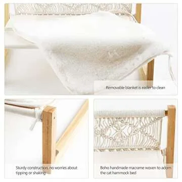 Mkono Boho Cat Bed Hammock with Blanket, Macrame Elevated Pet Bed for Indoor, Floor Standing Breathable Cat Chair 21 X 16.7 Inch Pet Resting Hammock Cat Furniture Gift for Cats and Small Dogs