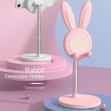 OATSBASF Cell Phone Stand, Adjustable Cute Bunny Phone Stand for Desk, Kawaii Phone Holder Stand, Compatible with All Mobile Phones, iPhone, Kindle, Switch (Pink)