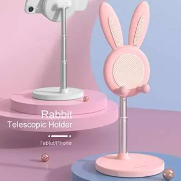 OATSBASF Cell Phone Stand, Adjustable Cute Bunny Phone Stand for Desk, Kawaii Phone Holder Stand, Compatible with All Mobile Phones, iPhone, Kindle, Switch (Pink)