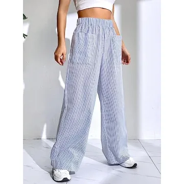 Floerns Women's Striped Elastic High Waist Pants for Summer