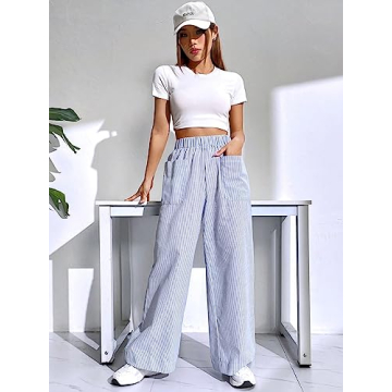 Floerns Women's Striped Elastic High Waist Pants for Summer