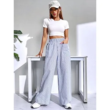 Floerns Women's Striped Elastic High Waist Pants for Summer