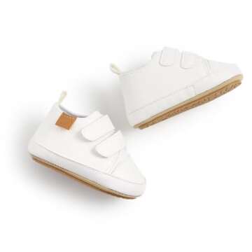 BABSMULY Baby Boys Girls Shoes Non-Slip Rubber Sole High-Top PU Leather Sneakers Infant First Walking Shoes Toddler Crib Shoes Newborn Loafers Flats.(White, 6-12 Months)