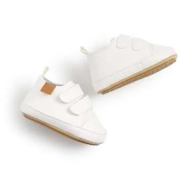 BABSMULY Baby Boys Girls Shoes Non-Slip Rubber Sole High-Top PU Leather Sneakers Infant First Walking Shoes Toddler Crib Shoes Newborn Loafers Flats.(White, 6-12 Months)