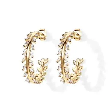PAVOI 14K Yellow Gold Plated 925 Sterling Silver Post Cubic Zirconia Leaf Hoop Earrings | Gold Hoop Earrings for Women