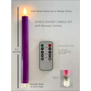 Flameless Advent Candle Set 4-Piece LED Advent Taper Candles Purple and Pink - Soft White Flickering...