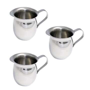 Set of 3 Bell Creamers, Mirror Finish Stainless Steel, Wide Mouth with Pouring Spout (3 OZ)