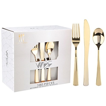 WDF Gold Plastic Silverware Set 180 Pieces Elegant Disposable