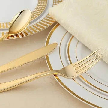 WDF Gold Plastic Silverware Set 180 Pieces Elegant Disposable